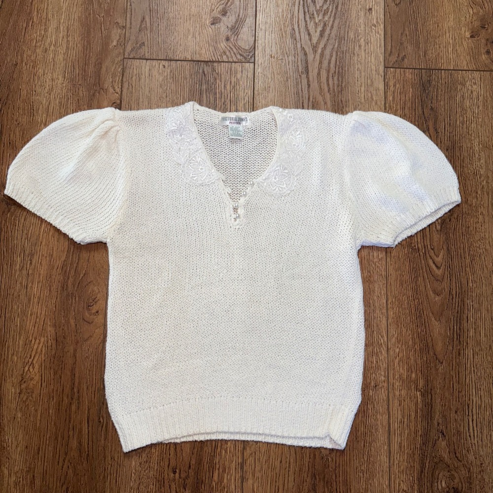 90s Victoria Jones Petites Lace Pearl Knit Sweater Cream Coquette Blouse Women L